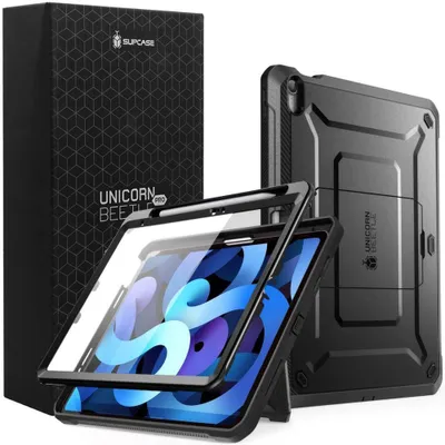 A black protective case for an iPad is displayed alongside its packaging.