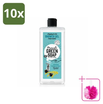 Imagen del producto de 10 unidades de gel de ducha "Marcel's Green Soap" con aroma a mimosa y grosella negra, 300 ml cada uno. Paquete económico