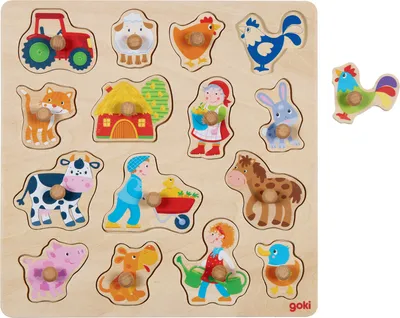 Immagine prodotto di goki 57379 Puzzle di sfondo gallo, maiale, ... 27,5 x 27,5 x 2,6 cm, legno, 15 pezzi, natura