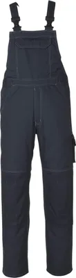 A pair of dark blue overalls is shown against a white background.