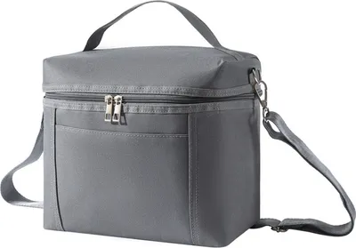 A gray insulated lunch bag with a handle and a shoulder strap, shown against a white background.