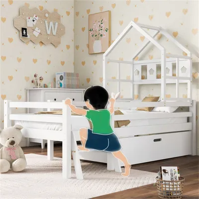 Produktbild von Jugendbett Hausbett Kinderbett mit Leiter und Schubladen, inkl. Lattenrost, Hochbett Massivholz mit Rausfallschutz 90x200cm Weiß Ohne Matratze