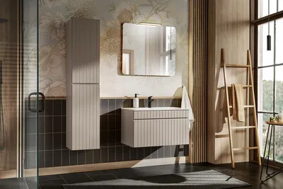 Produktbild von Badmöbel-Set Hochschrank Mit Einbauwaschbecken & Unterschrank, LED-Lampe, Spiegel,  Iconic Cashmere I BM73  - Kaschmir /Matt