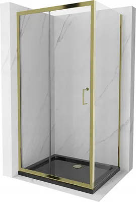 Produktbild von Mexen Apia ausziehbare Duschabtrennung 100 x 70 cm, Transparent, Gold + Duschwanne Flat, Schwarz - 840-100-070-50-00-4070G