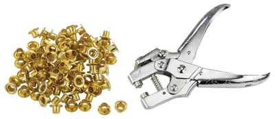 Produktbild von Profi Ösenzange mit 100 goldfarbenen Ösen, massiv, Lochvorrichtung, 170 mm