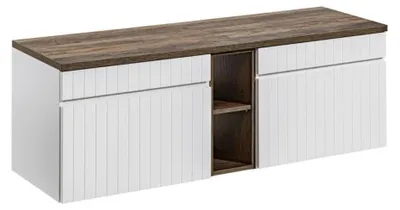 Produktbild von ICON Set weiß: Waschtischunterschränke 140cm mit sichtbaren Nischen + Platte für Waschbecken in dunkler Holzoptik
