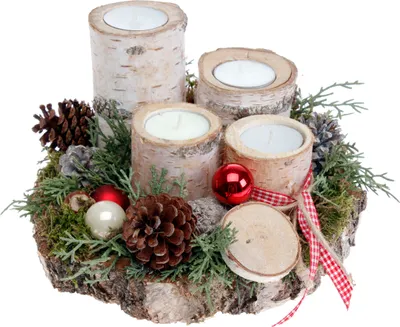 Produktbild von Adventsgesteck Birkenscheibe mit 4 Teelichtern, rot CreaFlor Home