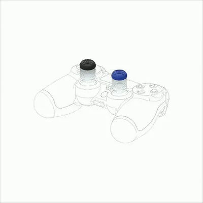 A schematic drawing of a game controller with two joystick caps, one black and one blue, placed on top of the joysticks.