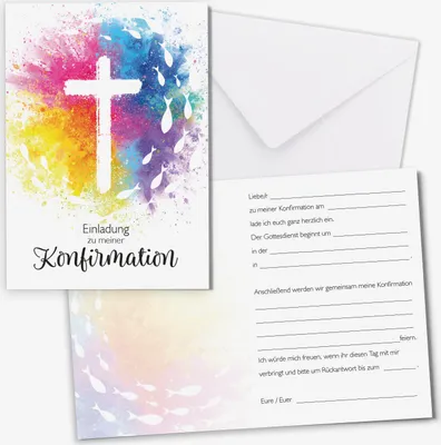 Produktbild von younikat Einladungskarten-Set Konfirmation I 15 Stück I DIN A6 zum Ausfüllen mit Lückentext I inkl. 15 Stück passenden Umschlägen I Klappkarte bunt Fische Kreuz I Konfirmationsfeier I dv1561