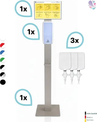 Produktbild von SET: Desinfektionsspender SENSOR Cosmos +Bodenständer Edelstahl +Infotafel +3x 1-Liter Hautdesinfektion +prof. Hygieneplan : Farbe - Weiß Farbe: Weiß