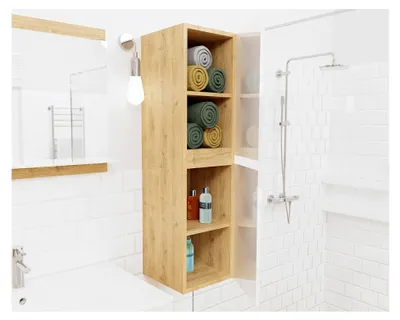 Produktbild von Hängender Badhochschrank | Eiche Artisan | Weiß Hochglanz | 30 x 31,5 x 110 cm – schmaler Badezimmerschrank mit Türen und Regalböden | platzsparender Badschrank | Badmöbel