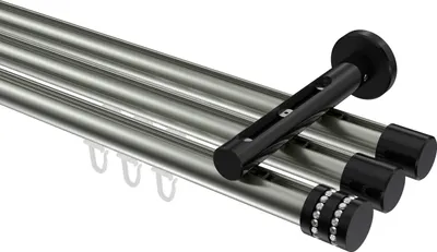 Produktbild von Interdeco Innenlaufstange / Gardinenstange mit Innenlauf Edelstahl-Optik / Schwarz, Typ Siteno Estana (Glitzerkappe), 20 mm Ø 3-läufig, 260 cm