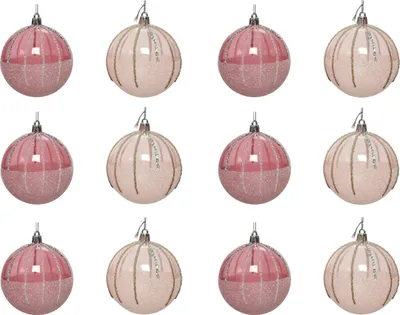 Produktbild von Weihnachtskugeln Kunststoff mit Muster 8cm rosa Mix, 12er Set