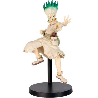 A figurine of Senku Ishigami from Dr. Stone, posed dynamically on a black stand against a white background.