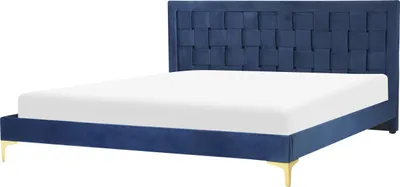 Produktbild von BELIANI Bett Marineblau Samtstoff mit Lattenrost 180 x 200 cm Hohes Kopfteil Goldenes Metallgestell Modern Glamourös Doppelbett Ehebett Schlafzimmer
