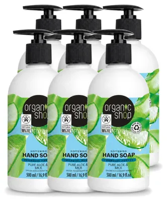 Obrázek produktu pro 6 kusů organického mýdla na ruce Aloe & Mléko od značky Organic Shop, objem 500 ml, výhodná balení