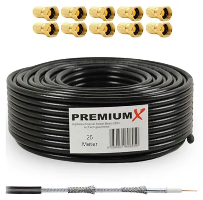 Produktbild von 25m PremiumX DELUXE PRO Koaxial Kabel SCHWARZ 135dB 5-Fach geschirmt reines Kupfer SAT Antennenkabel mit 10x F-Stecker mit Dichtring