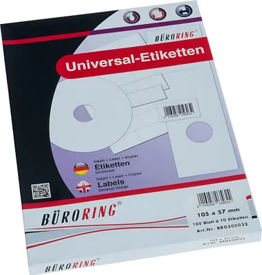 Produktbild von Büroring Etiketten, 105 x 57 mm, weiß, 1.000 Etiketten, lösungsmittelfrei, Inkjet-, Laserdrucker, Kopierer, 100 Blatt