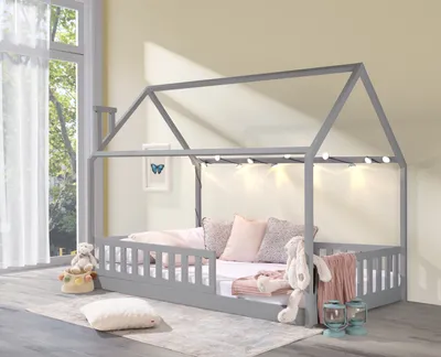 Produktbild von Hausbett »Kinderbett ROSI PLUS 120x200 Grau Kiefer« (Einzelbett mit Lattenrost und abnehmbarem Rausfallschutz)
