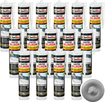 Produktbild von Isolbau Sanitär Silikon 15 x 300 ml Grau - Hochelastischer Silikon-Dichtstoff für Abdichtungen & Fugen – Schimmelresistent, wasserdicht -  Kartusche