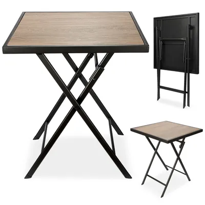 Zdjęcie produktu dla BRUBAKER stół ogrodowy Bergamo - 58 x 58 cm stół balkonowy odporny na warunki atmosferyczne - metalowy kwadratowy stół kempingowy o wyglądzie drewna - składany stół na balkon, taras, brązowy