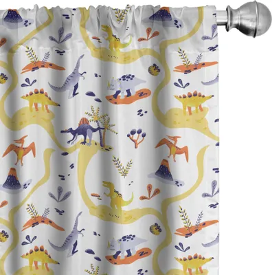 Image de ABAKUHAUS Dino Rideaux, voilages, mammifères Motif cartoon T-Rex, 2 pièces 75 x 175 cm, multicolore blanc