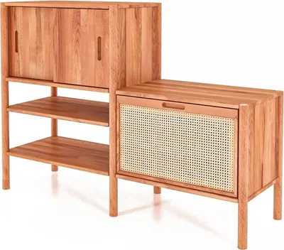 Produktbild von Bücherregal Zola Kernbuche massiv und Rattan 148x106 cm mit 3 Türen 2 Fächern
