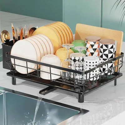 Produktbild von Edelstahl Abtropfgestell mit Auffangschale und Besteckkorb - Platzsparend