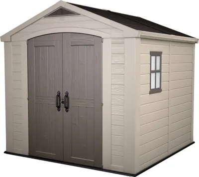 A plastic shed with double doors and a small window.