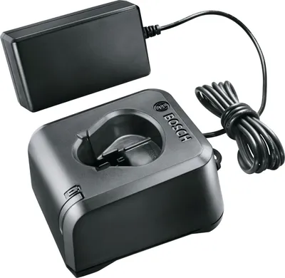 A black Bosch battery charger and power adapter are shown against a white background.