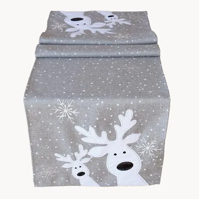 Produktbild von Tischwäsche Tischläufer Stickerei lustiger Elch Winter Weihnachten Deko 40 x 140 cm - hellgrau
