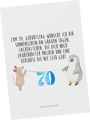 Produktbild von Mr. & Mrs. Panda Postkarte 70. Geburtstag Maus Pinguin - Weiß - Geschenk, Happy Birthday, Grußkarte, Motivkarte, Ansichtskarte, Kuchen, Postkarten, Herzlichen Glückwunsch