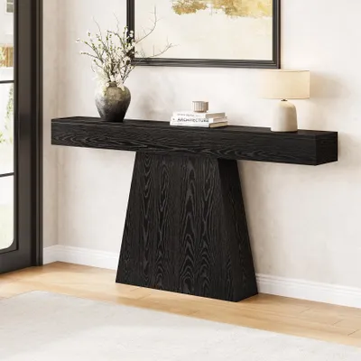 Produktbild von Tribesigns Konsolentisch, moderner schwarzer Holztisch mit trapezförmigem Fuß für Wohnzimmer, Eingangsbereich, Flur, Foyer, hinter dem Sofa, Schwarz