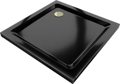 Produktbild von Mexen Flat Quadratische Duschwanne slim 80 x 80 cm, Schwarz, Siphon Gold - 40708080G