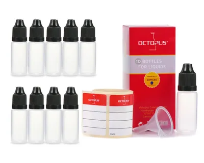 Image de 10 flacons en plastique 10 ml LDPE, G14, compte-gouttes, bouchon noir, 1 mini-entonnoir