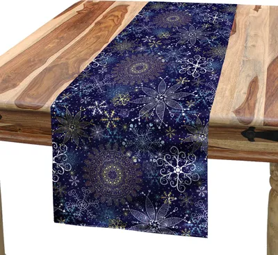 Produktbild von ABAKUHAUS Dunkelblau Tischläufer, Weihnachten inspirierte Muster mit künstlerischen verzierten lockigen Schneeflocken Mandala Style, 40 x 180 cm, Mehrfarbig