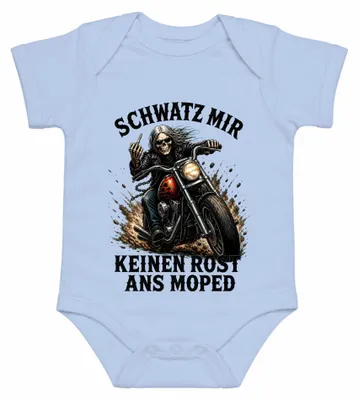Productafbeelding van "Maak mijn scootermotor niet kapot," statement, sarcasme. Babyromper, lichtblauw, maat 6/12