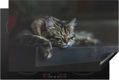Produktbild von KitchenYeah© Herdabdeckplatte Katze liegt schlafend auf einem schwarzen Tisch , 80x52cm, Küche Deko, Glaskeramikkochfeld Herdabdeckung, Abdeckplatte fùr Kochfeld