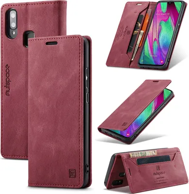 Produktbild von Galaxy A40 Brieftasche Hülle, Retro Kunstledertasche Stand Schutzhülle für Samsung Galaxy A40 Rot