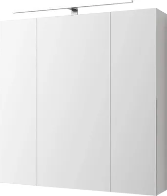 A white, three-door mirrored cabinet with an integrated LED light strip above.