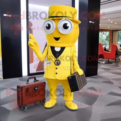 Immagine prodotto di Personaggio del costume della mascotte REDBROKOLY della macchina fotografica gialla vestito con pantaloni e borse