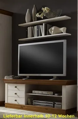 Produktbild von TV-Schrank Lowboard Fernsehschrank TV-Tisch Kiefer massiv Landhausstil, Farbe:weiß / grau