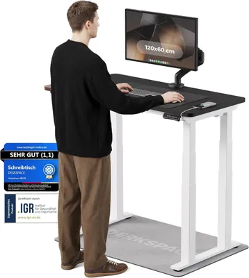 Produktbild von DESKSPACE Höhenverstellbarer Schreibtisch elektrisch mit leisem Dual-Motor – stabiles 4-Bein-Gestell (Weiß Gestell, Schwarz Tischplatte, 120×60 cm)