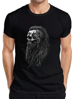 Productafbeelding van Vikings: T-shirt met afbeelding van een schedel, baard, runen, afbeeldingen van Noormannen, Valhalla, krijger, Odin, herenmodel, zwart, maat XL