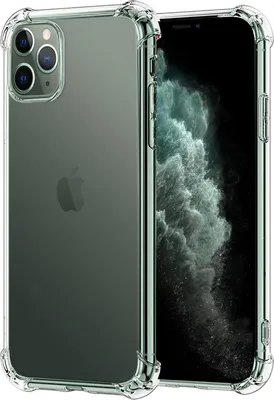 A clear protective case for an iPhone 11 Pro is shown. The case is transparent, allowing the phone's design to be visible. The phone itself has a dark, textured wallpaper displayed on its screen.