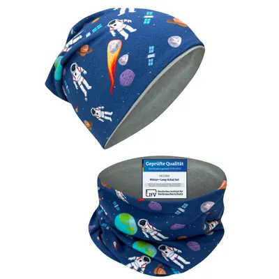 Produktbild von HECKBO Astronaut Kinder Mädchen Jungen Beanie Mütze & Loop-Schal Set