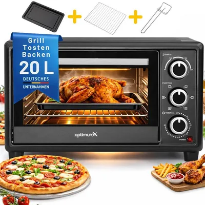 Produktbild von OptimumX 20 L Minibackofen, Klein mini Backofen mit Umluft, 60 Min Timer, Pizza-Ofen, 1380 W, Schwarz