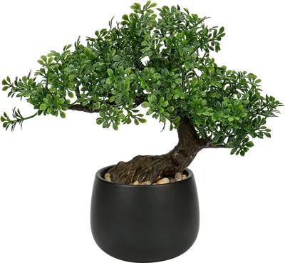 Obrázok produktu pre Umelá rastlina bonsaj v keramickom kvetináči 25 cm - estetická japonská dekorácia do obývačky spálne kúpeľne - Podocarpus umelý bonsaj čierny