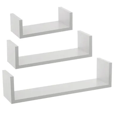 Three white U-shaped shelves of varying sizes are arranged diagonally on a white background.