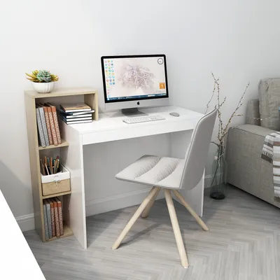 Image de Mondeer Bureau, table d'ordinateur, avec rangement, blanc+naturel